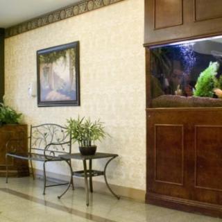A cozy interior space featuring a built-in aquarium, a decorative bench with potted plants, and framed artwork on the wall.