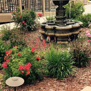 A beautifully landscaped garden featuring a central fountain surrounded by vibrant flowers and lush greenery.