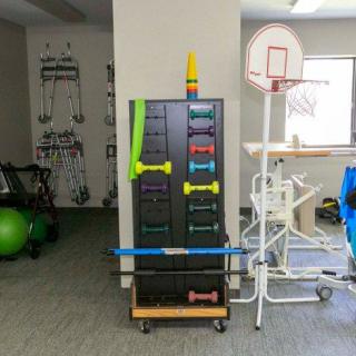 A physical therapy room featuring exercise equipment such as weights and resistance bands, along with a basketball hoop for rehabilitation exercises.