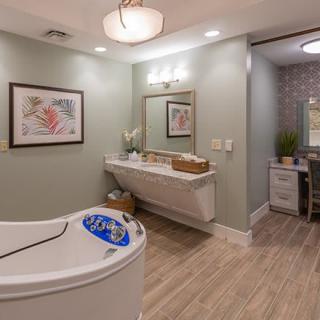 A serene spa room with a modern tub, soothing decor, and elegant lighting.