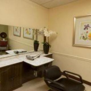 A view of a beauty salon interior with a chair, desk, large mirror, and decorative plants.