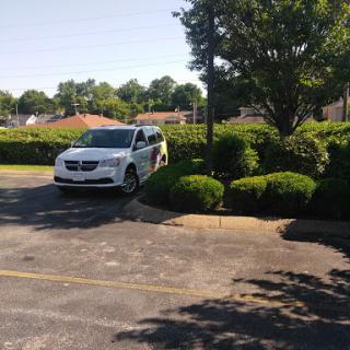 A white car parked in a well-maintained parking lot surrounded by lush greenery.