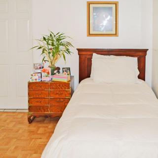 A cozy bedroom with a single bed and a wooden nightstand featuring decorative items and a potted plant.