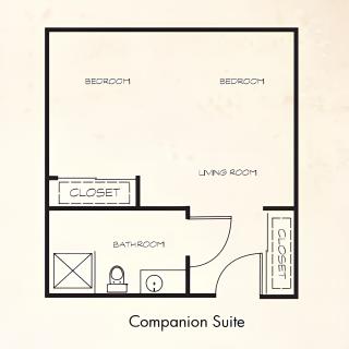 A floor plan of a companion suite featuring a bedroom, living room, bathroom, and closet.
