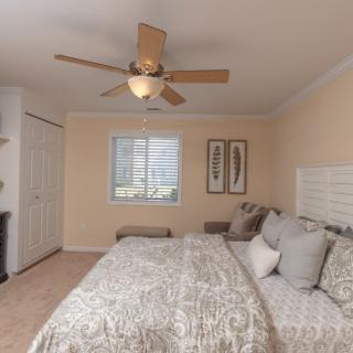 A cozy bedroom with a ceiling fan and neutral decor.