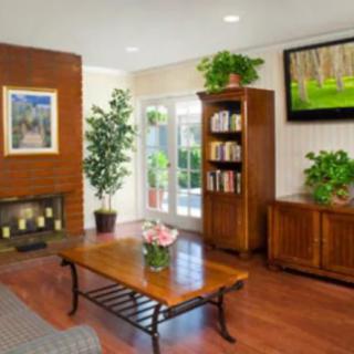 A cozy living room featuring a fireplace, wooden furniture, and indoor plants.