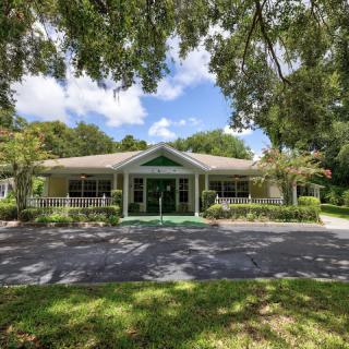 A charming suburban house with a well-maintained garden and a tree-lined driveway.
