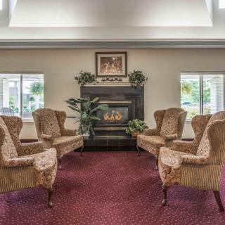 A cozy living room with elegant armchairs arranged around a fireplace, featuring decorative plants and artwork.