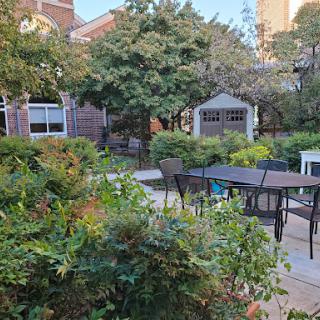 A serene garden space featuring a table and chairs surrounded by lush greenery.