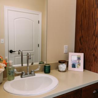 A bathroom countertop featuring a sink, mirror, and various decor items including a photo frame, candles, and a plant.