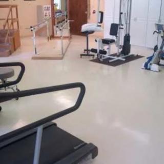 A gym with various exercise equipment and a treadmill.