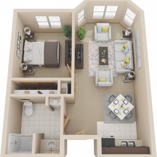 A 3D floor plan of a one-bedroom apartment featuring a living room, kitchen, dining area, and bathroom.