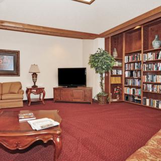 Cozy living room with bookshelves, a television, and classic furniture.