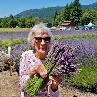 A woman holding a bouquet of lavender in a sunny field.