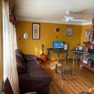 A cozy living room featuring a sofa, guitar, and television, with vibrant yellow walls and hardwood flooring.