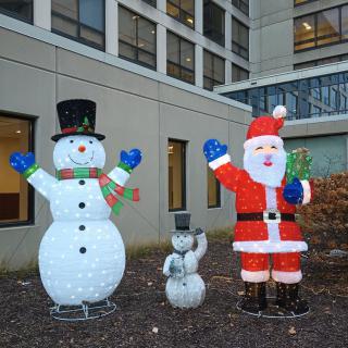 Outdoor Christmas decorations featuring a snowman and Santa Claus.