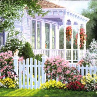 A charming house with a white picket fence and a vibrant garden in full bloom.