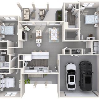 A 3D floor plan of a modern house with multiple rooms and an attached garage.
