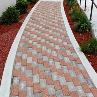A neatly laid brick pathway with a geometric pattern, bordered by landscaped plants and red mulch.