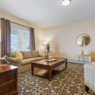 A cozy living room with a sofa, coffee table, and decorative elements.