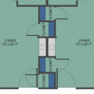 Blueprint layout showing two living areas with adjacent closets and bathrooms.