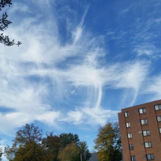 A beautiful display of wispy clouds against a blue sky, with a building in view.