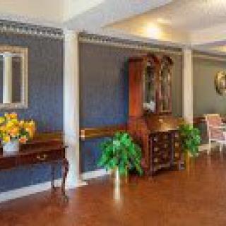 A well-decorated hallway with wooden furniture, a mirror, and indoor plants.