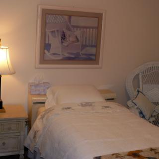 Cozy bedroom with a single bed, bedside lamp, and wall art.