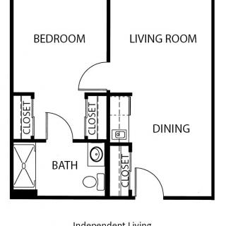 A simple one-bedroom apartment floor plan with labeled rooms including bedroom, living room, dining area, bathroom, and closets.