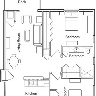 A detailed floor plan of an apartment featuring a bedroom, bathroom, kitchen, living room, and deck.