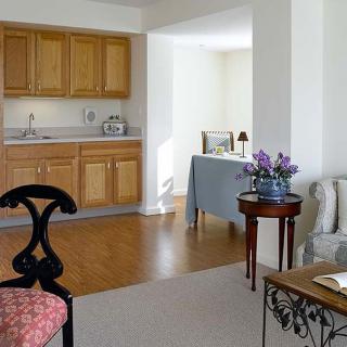 A cozy living space featuring a small kitchen with wooden cabinets, an adjoining area with a sofa and decorative furniture.