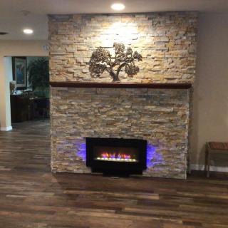Modern indoor fireplace with stone wall and decorative tree art.