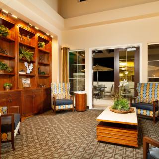 A cozy hotel lobby featuring comfortable seating, a wooden bookshelf, and indoor plants.