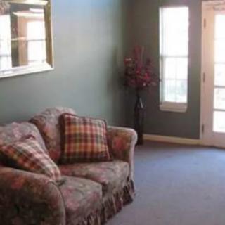 A cozy living room with a floral sofa and plaid cushions, featuring a large window and elegant decor.