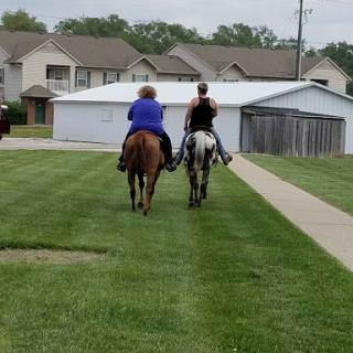 Two individuals riding horses through a grassy area in a residential neighborhood.