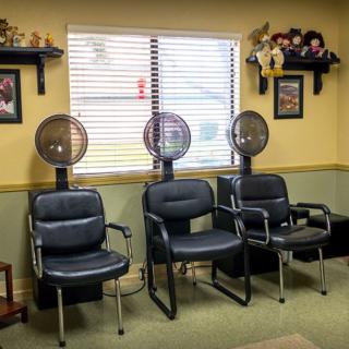 A cozy hair salon waiting area featuring chairs with overhead dryers and decorative shelves.