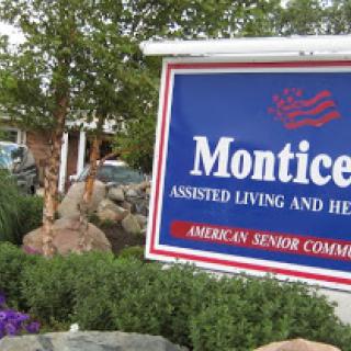 A sign for Monticello Assisted Living and Health, part of American Senior Communities.