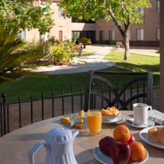A peaceful outdoor breakfast setup on a table in a garden with fruit, orange juice, and coffee.