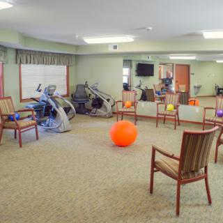 A well-equipped indoor exercise space featuring various fitness equipment and an orange exercise ball.