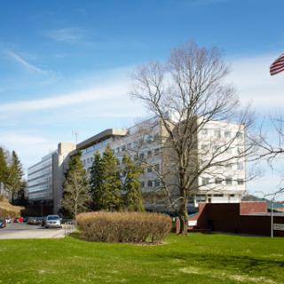 A modern hospital building set against a clear blue sky, featuring green grass and trees in the foreground.