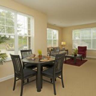 A cozy dining and living room area with ample natural light.