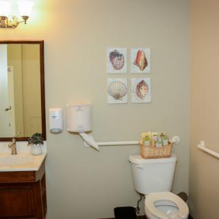 A bathroom featuring a toilet, sink with mirror, and wall art.