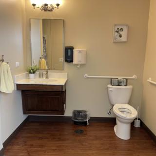 A clean bathroom with a wall-mounted sink and mirror, featuring a toilet, towels, hand sanitizer, and wall art.