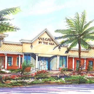 Artistic depiction of a cafe by the sea with palm trees.