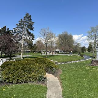 A peaceful park scene displaying a winding pathway surrounded by lush greenery and trees under a clear blue sky.