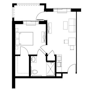 A simple floor plan of a small apartment with one bedroom, bathroom, kitchen, and living area.