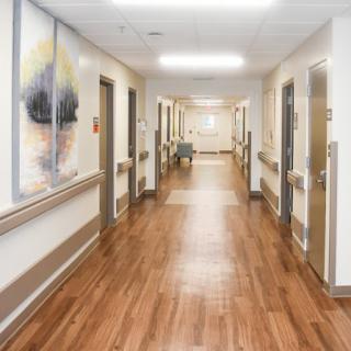 A spacious and well-lit hospital hallway featuring wooden flooring and colorful artwork on the walls.