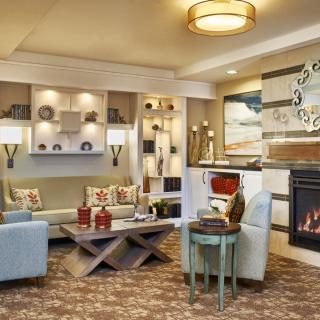 A cozy and elegantly designed living room featuring a modern fireplace, comfortable seating, and stylish decor.