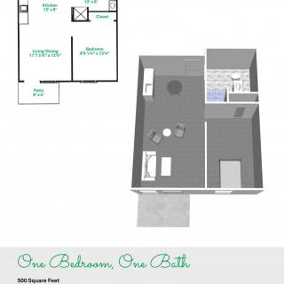 One-bedroom, one-bathroom apartment floor plan with a 3D model view.