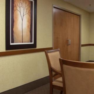 A waiting room with chairs, a painting on the wall, and a closed wooden door.